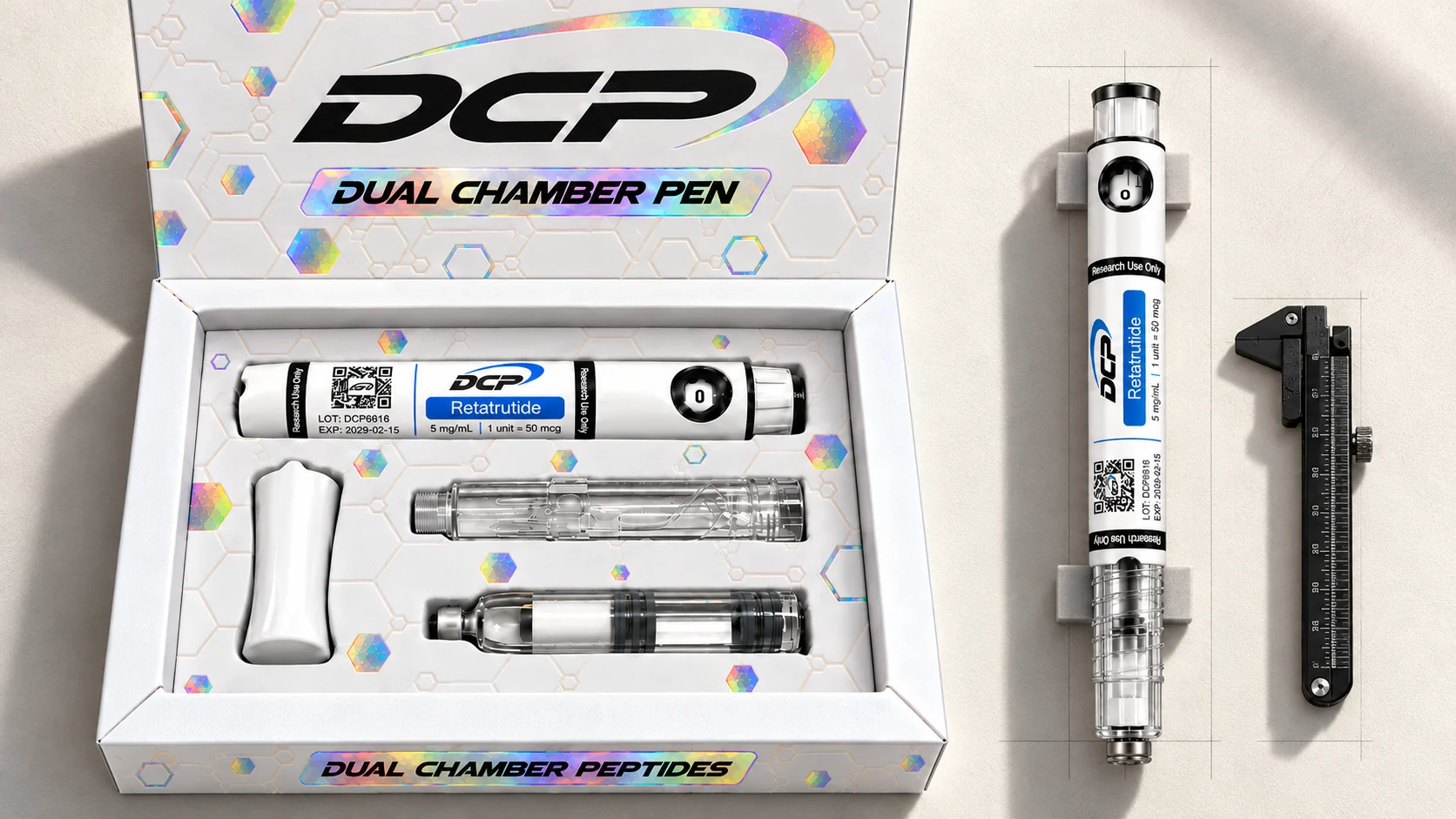Dual Chamber Peptides — Compoziție editorială de produse; nu este o fotografie a unor instalații, accesorii sau rezultate de testare reale.
