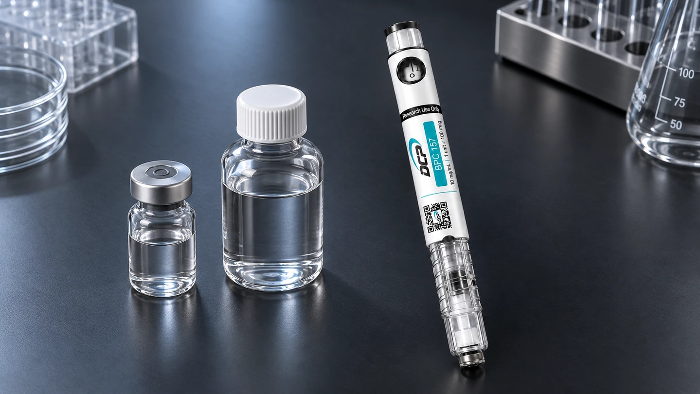 Stilou injector Dual Chamber Peptides lângă un flacon convențional, o sticlă de solvent și echipament de laborator ambalat